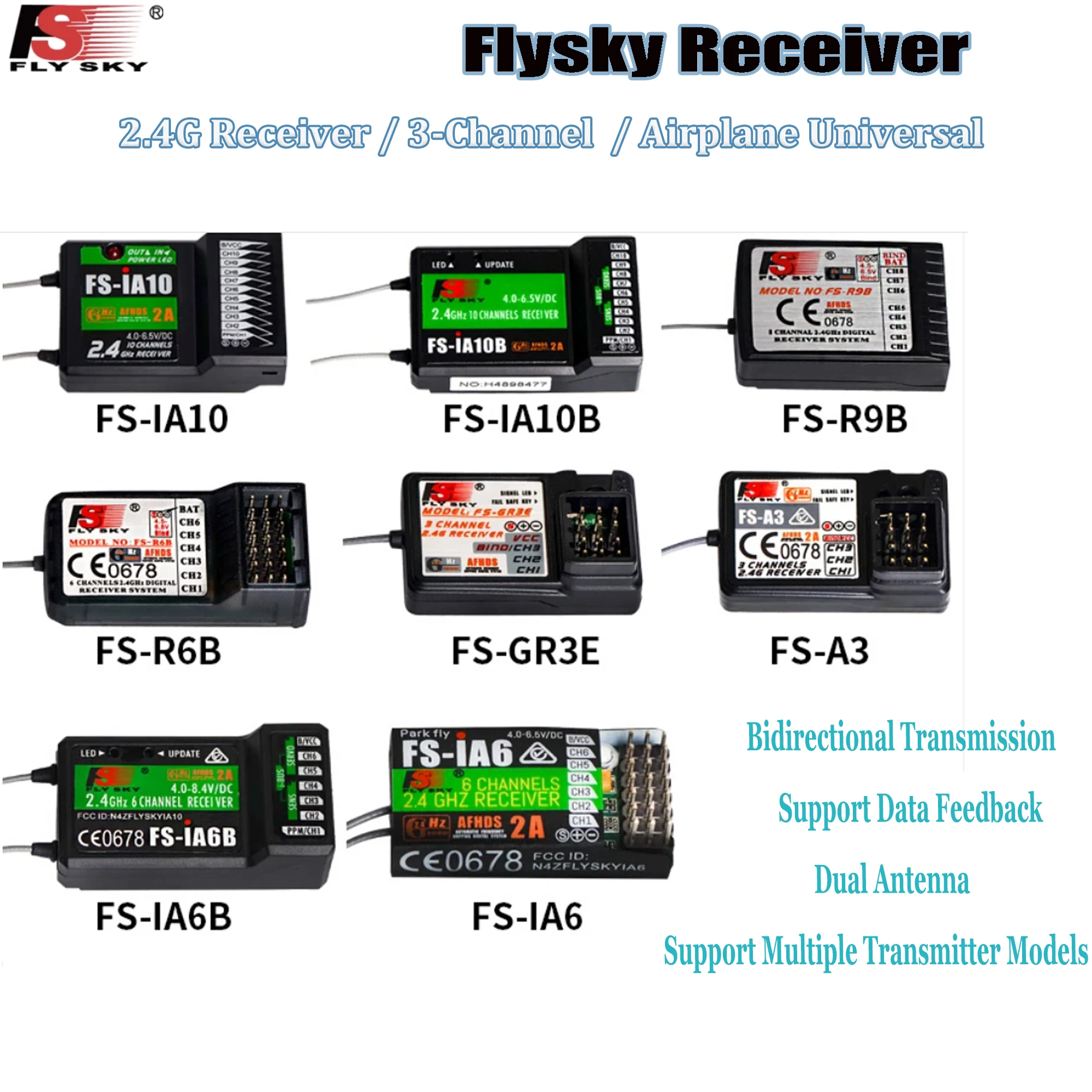 Flysky Receiver FS-R6B R9B IA6 IA6B BS4 BS3 GR3E IA4B A6 A3 2.4G Dual Antenna 3CH Support Data Feedback for RC Transmitter Drone