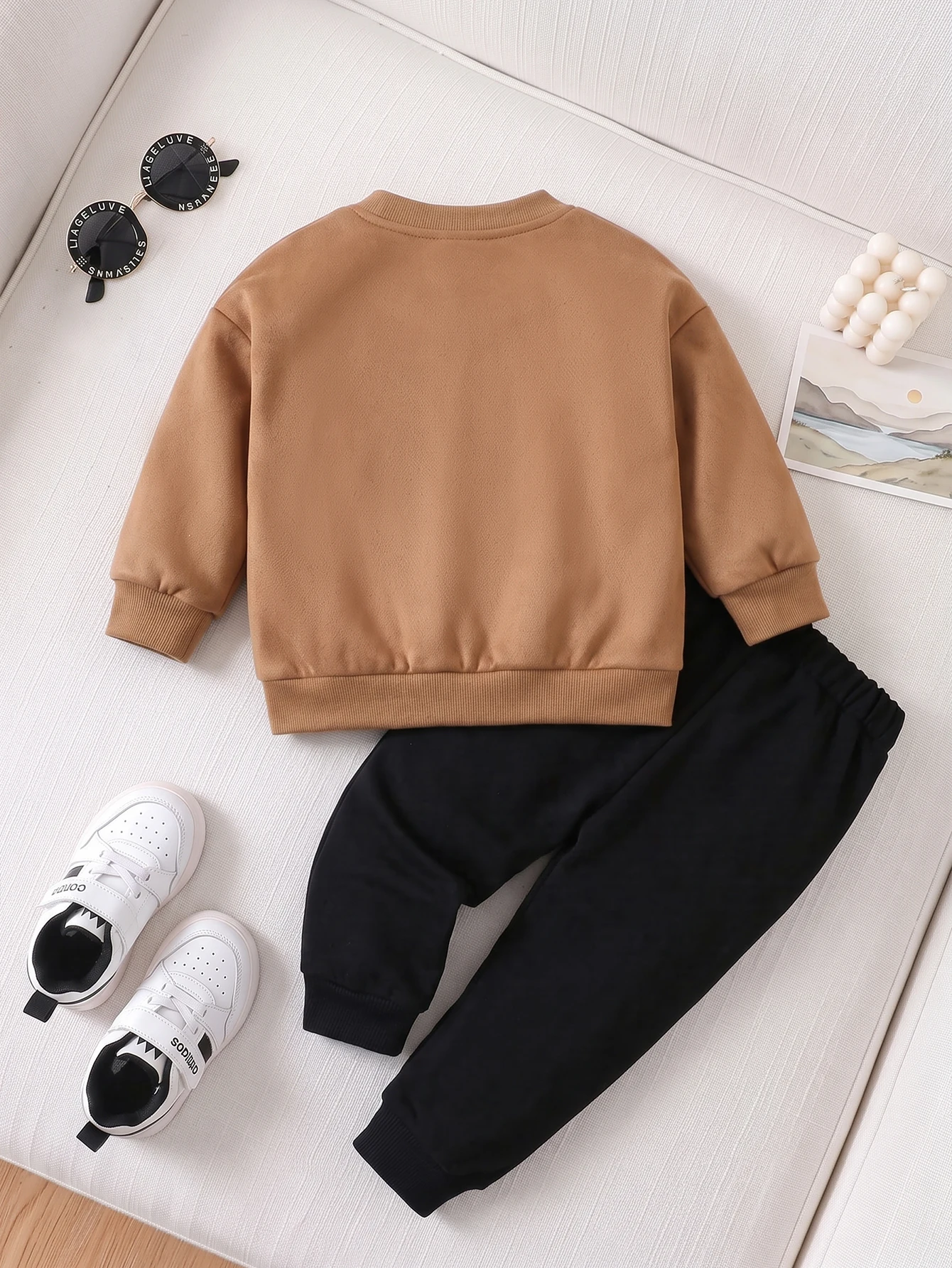 6-9M to 2-3Y Boys Bomber Jacket Set, Solid Brown Stand Collar Zip Coat, Elastic Waist Black Pants, Toddler Fall Daily Outfit