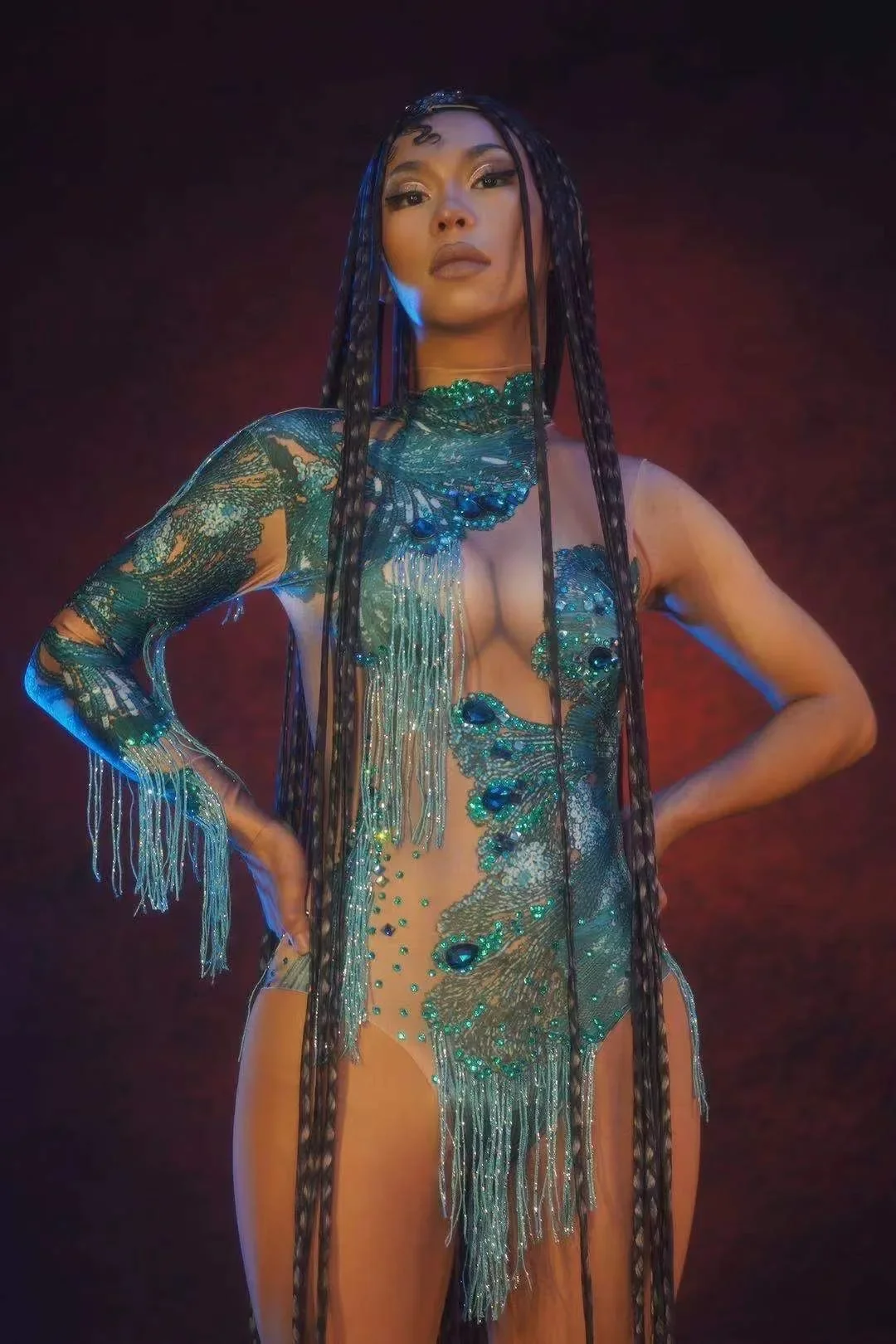 Oszałamiające body z frędzlami dla kobiet, strój na rave, festiwal, leotard na jedno ramię, kostium taneczny drag queen, seksowny strój sceniczny w stylu Vegas.