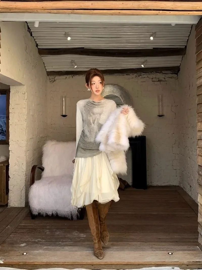 Y2k White Patchwork Lace Skirt for Women Autumn New Trendy Simple Women's Skirts 2025 Korean Fashion Lotus Leaf Midi Skirt