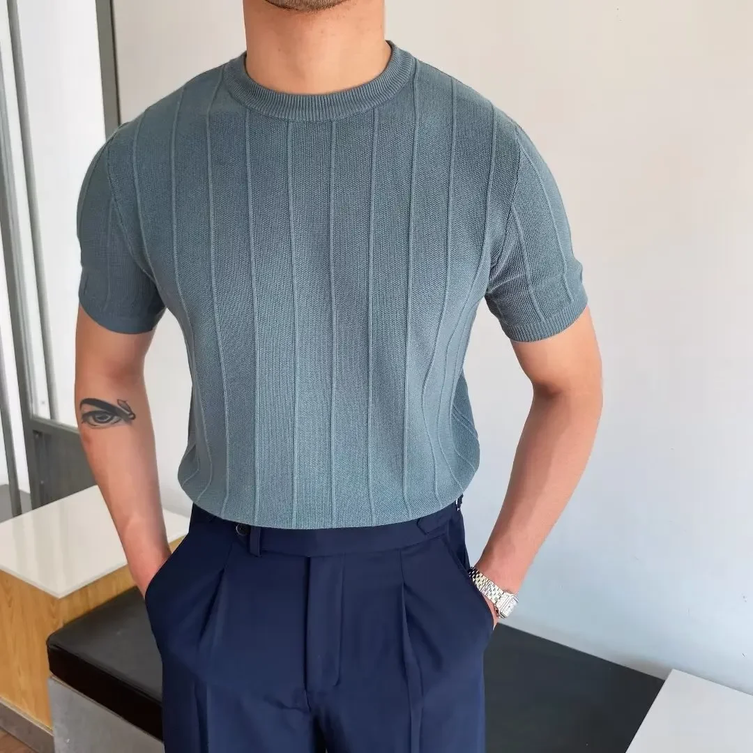 New 2024 Knitted Top Round Neck Straight-leg Short Sleeves Pullover Casual Summer Sweater Trendy For Men Youth Fashion