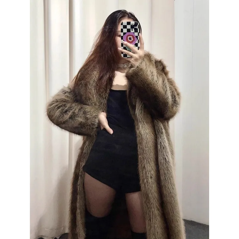 Luxury High Quality Vintage Long Faux Fur Coat Winter Women's Clothing Warm Fur Jackets Fluffy High Street Outerwear Dark Brown
