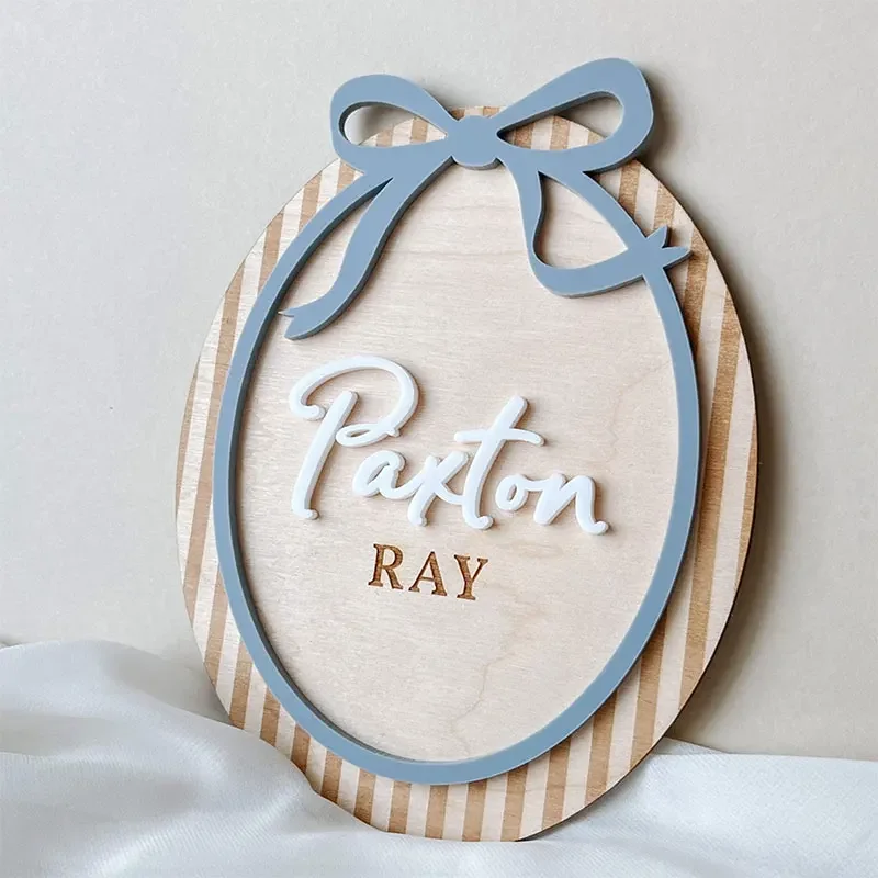 Customized Boy Name Birth Announcement Sign Blue Bow Baby Boy Name Plaque Baby Shower Christening Gift