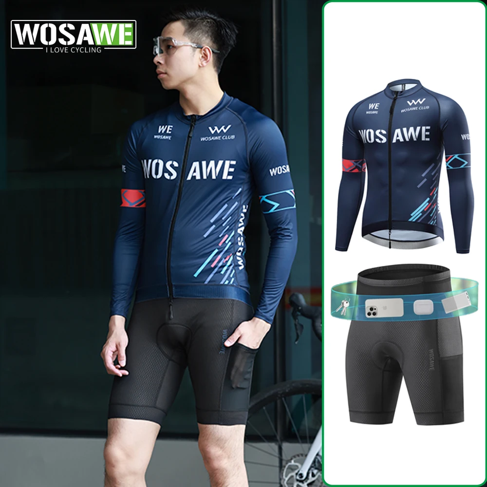 

WOSAWE Men Cycling Jersey Sets Long Sleeve Shirts Multi-pockets Shorts Pants Ropa Ciclismo MTB Road Bike Kit Bicycle Clothes