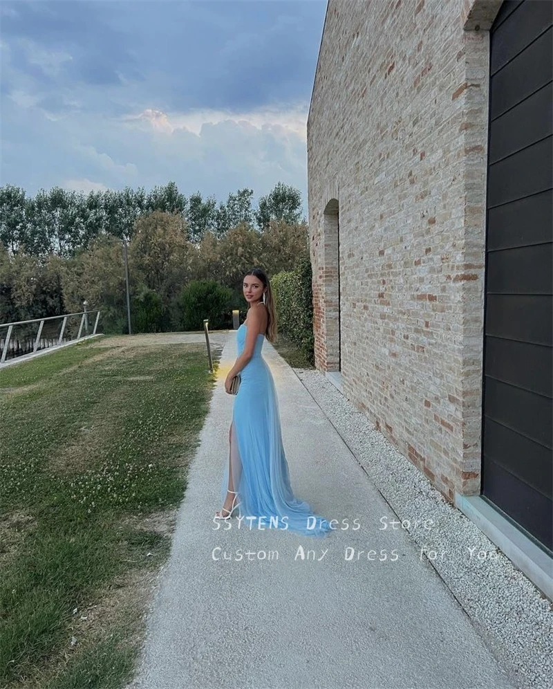 SSYTENS Graceful Tulle Evening Dresses Strapless Blue Vestido Formales Simple Prom Gowns Israel Slit Elegant Wedding Party Dress