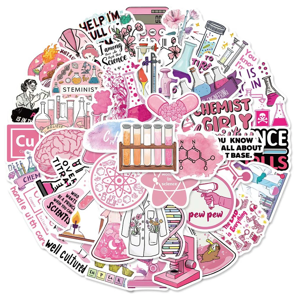 10/30/50pcs Cute Pink Science Cartoon Stickers Chemistry Lab Experiment Decals Toys Waterproof DIY Stationery Laptop Journal