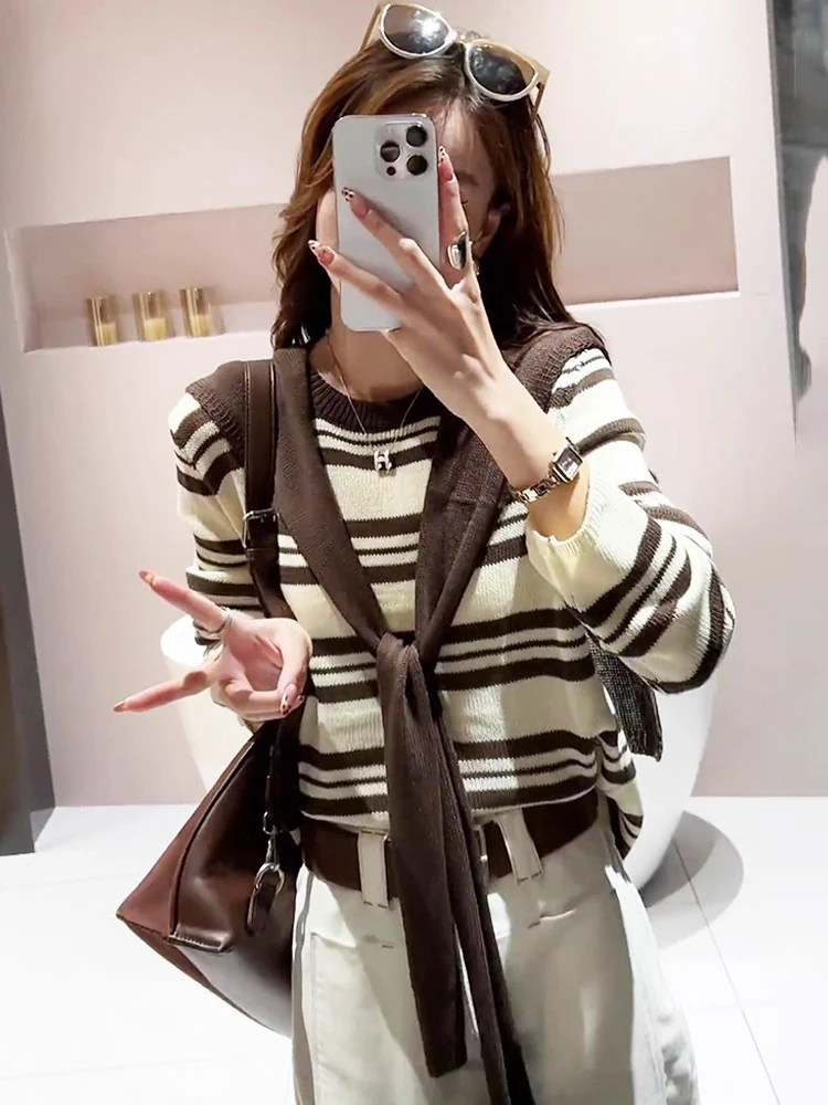 

Early Autumn Striped oulder Loose Lazy Sle Women's Knitted Sweater Fake Two-Piece Spring Autumn New Arrival Casual Top