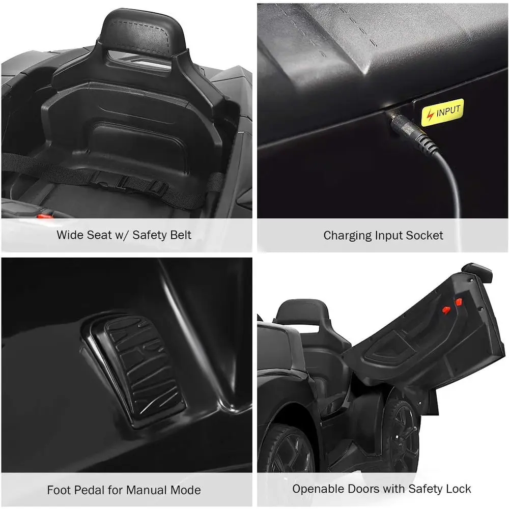 Ride on Car, véhicule électrique alimenté par batterie 12 V avec modes de télécommande et manuels, lumières LED, klaxon, musique, MP3, USB, noir