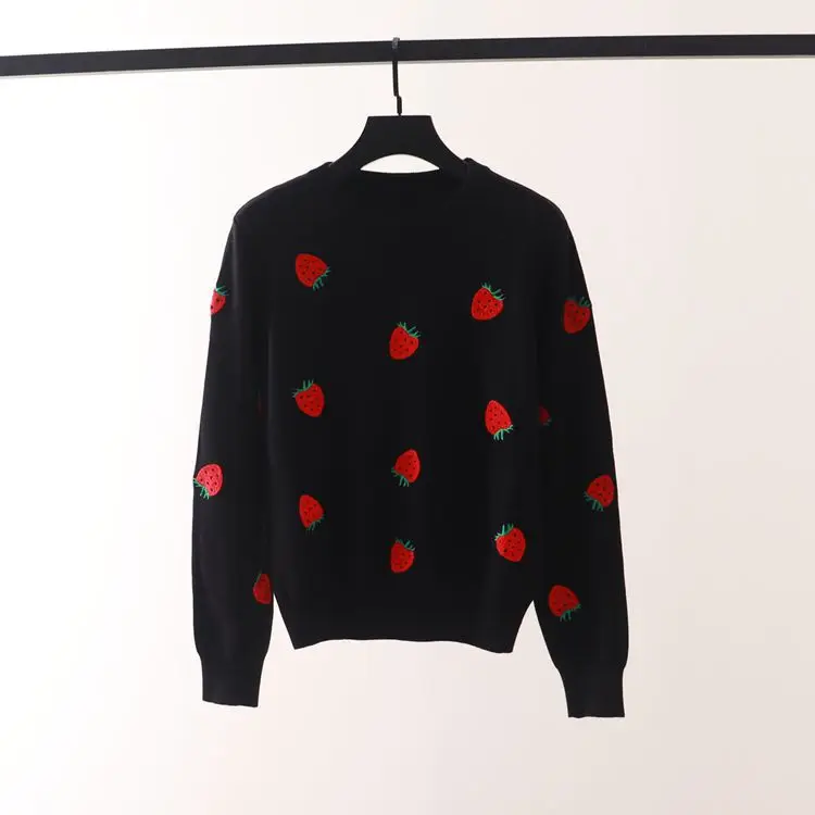 Autumn Winter New Cute Strawberry Embroidery Round Neck Women Long Sleeve Knitwear Fashion Laydown Female Sweater