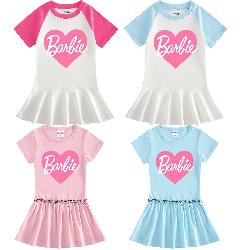 Cartoon Cute Barbie Children Summer Clothes Dresses Short Sleeved Skirt Kawaii Cute Girls Clothing Dress Pleated Skirt