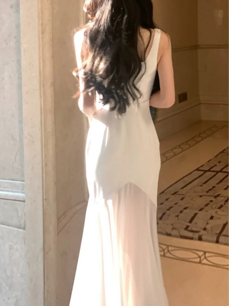 Elegant White Satin Long Dresses for Women Summer New Fashion Evening Party Sleeveless Patchwork Mermaid Female Clothing