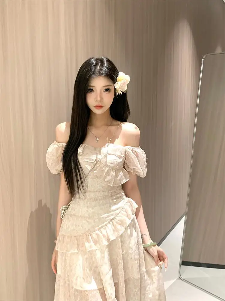 여성을위한 꽃 프린트 드레스 봄과 여름 디자인 학생 달콤한 새 스타일 허리 슬리밍 공주 드레스