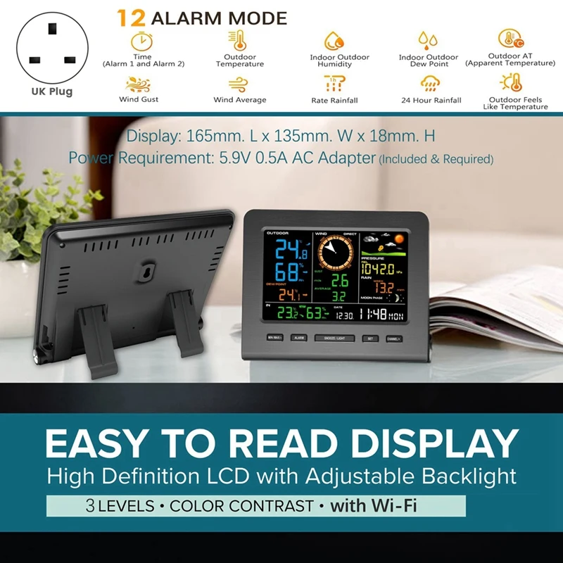 Wi-Fi Weather Station With Remote Monitoring Display Wind Speed Weather Temperature Humidity Data UK Plug