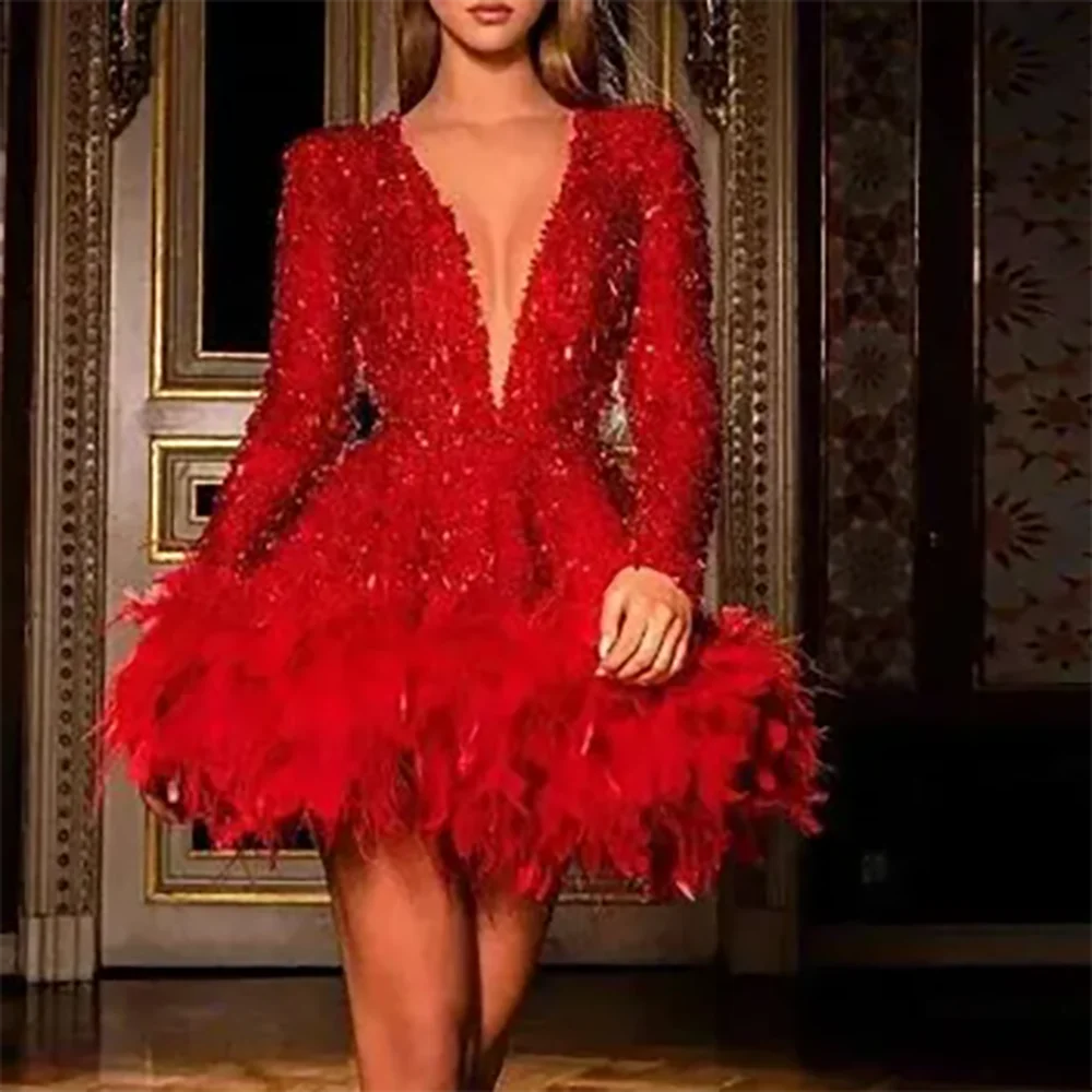 

Sexy V-Neck Sequined Beading Full Sleeve Feather Formal Evening Dresses Cocktail Party Prom Gowns Customized