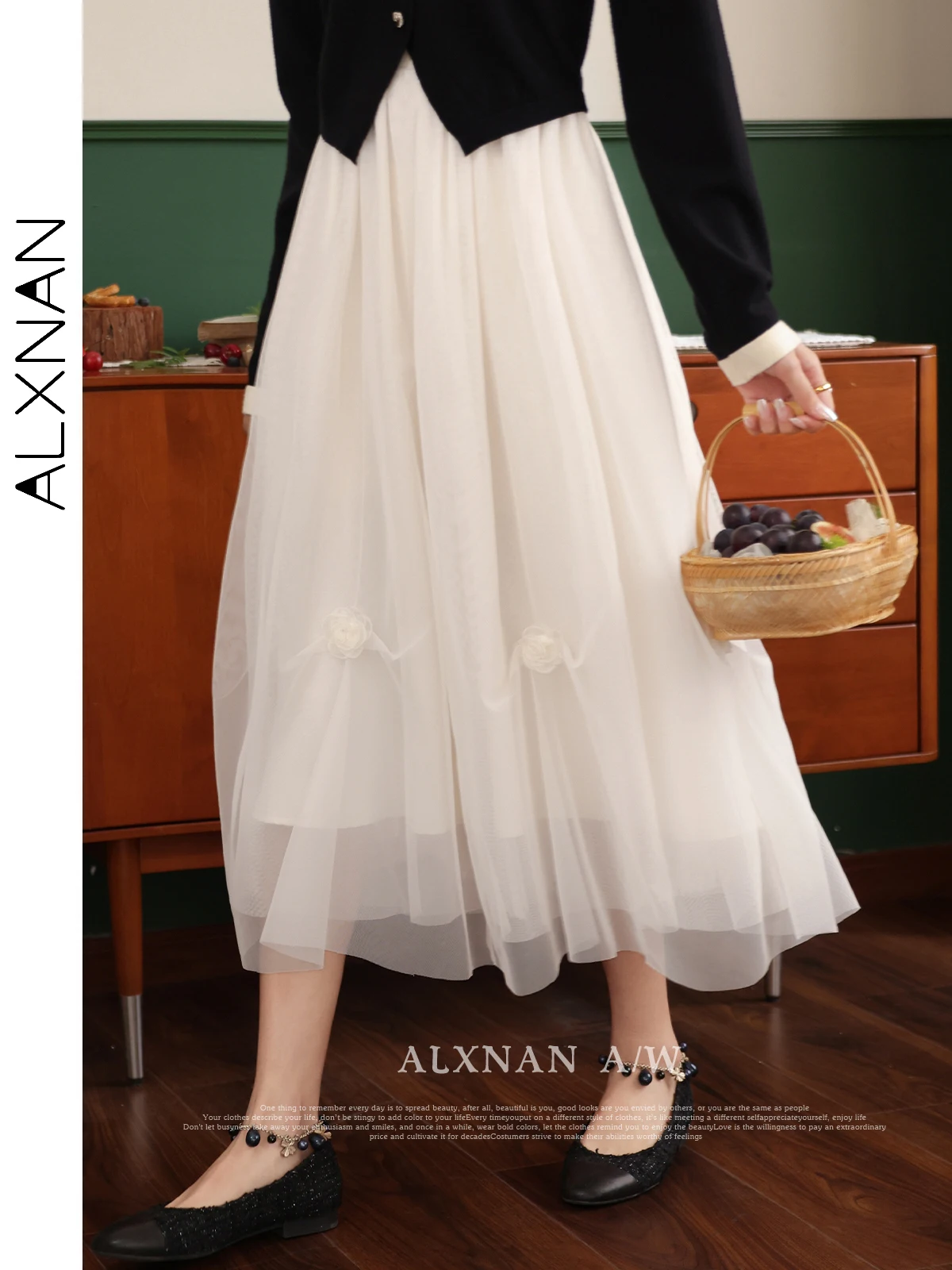 ALXNAN Women\'s Midi Mesh Skirts for Woman 2024 Spring Sweet Girl Elastic High Waist A Line Female Skirt Female Clothes LXN31199