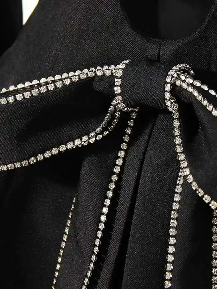 Designer Black  Bow Hollow Out Rhinestones Blazer Women New Lapel Long Sleeve Loose Fit Jacket Fashion Spring Autumn 2025 пид