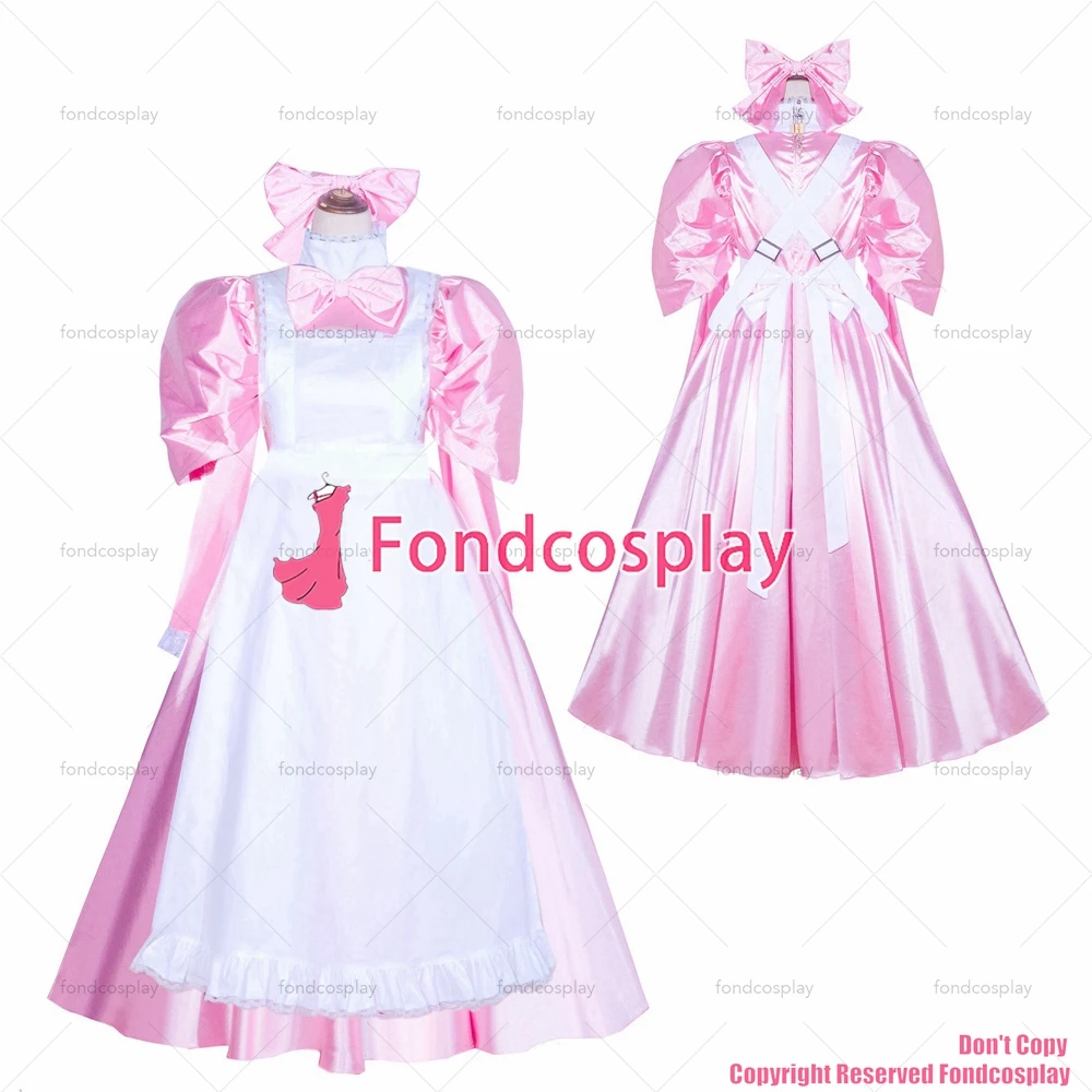 fondcosplay adult sexy cross dressing sissy maid long French Lockable Baby Pink satin long Dress white apron CD/TV[G4043]