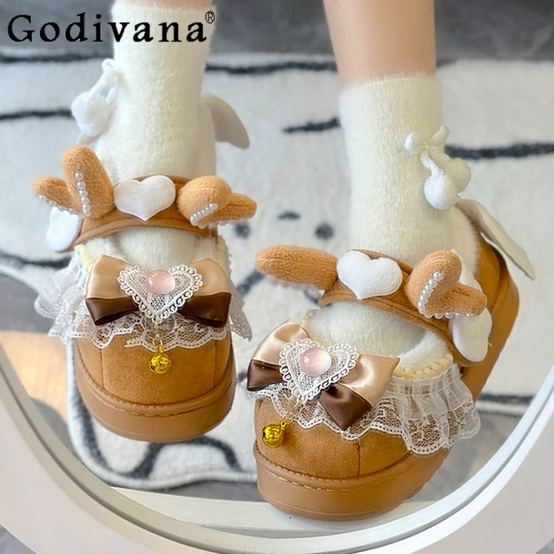 

Original Girls Princess Lolita Kawaii Plush Mid Heel Pumps Winter Cute Girls Sweet Bow Lace Warm Lo Shoes Y2k Thick Sole Shoes