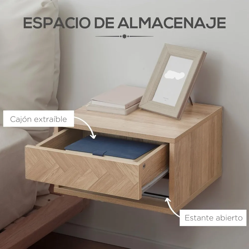 Juego de 2 Mesitas de Noche Flotantes con Cajón، Diseño Natural para Dormitorio #4