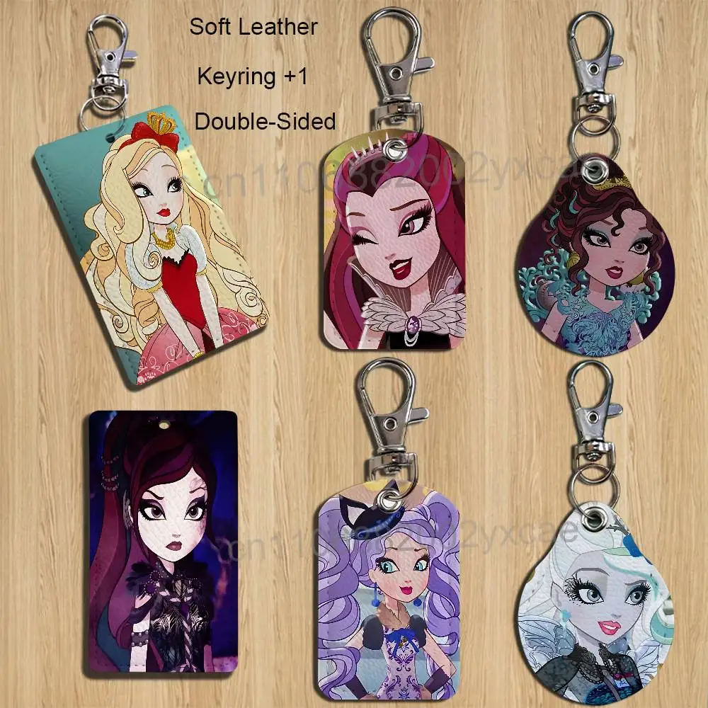 Royal beginning Ever After High Estuche rectangular para tarjetas de identificación, tarjetero de cuero con llavero y anillo para llaves, para tarjetas de acceso