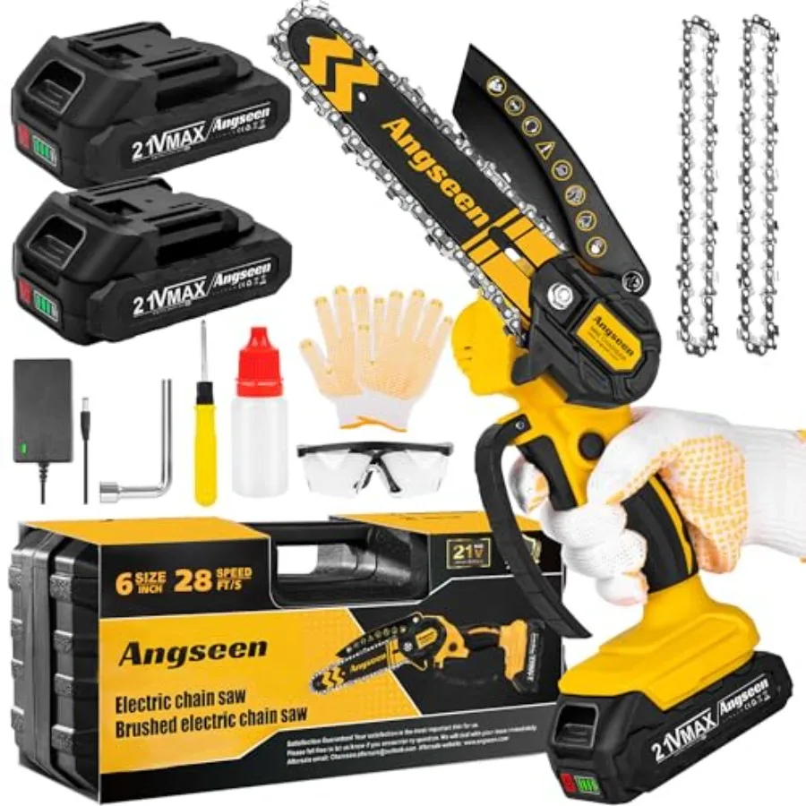 

Mini Chainsaw Cordless 6 Inch Chainsaw with 2 Batteries and 2 Chains Lightweight Cordless Chain Saw with Safety Lock for Tree T