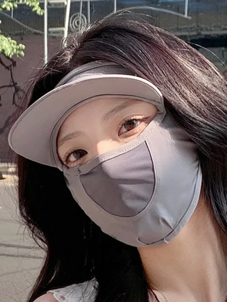 Women Sunscreen Mask Hat Outdoor UPF50+ One-Piece Summer Facekini Anti-Ultraviolet Nylon Dust Shade Solid Color