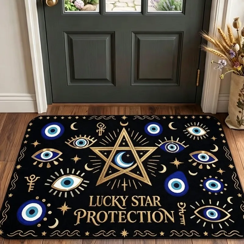 Hand Of Fatima Evil Eye Doormat Black Background Gold Hamsa Moon Star Print Non Slip Indoor Entrance Rug For Spiritual Home