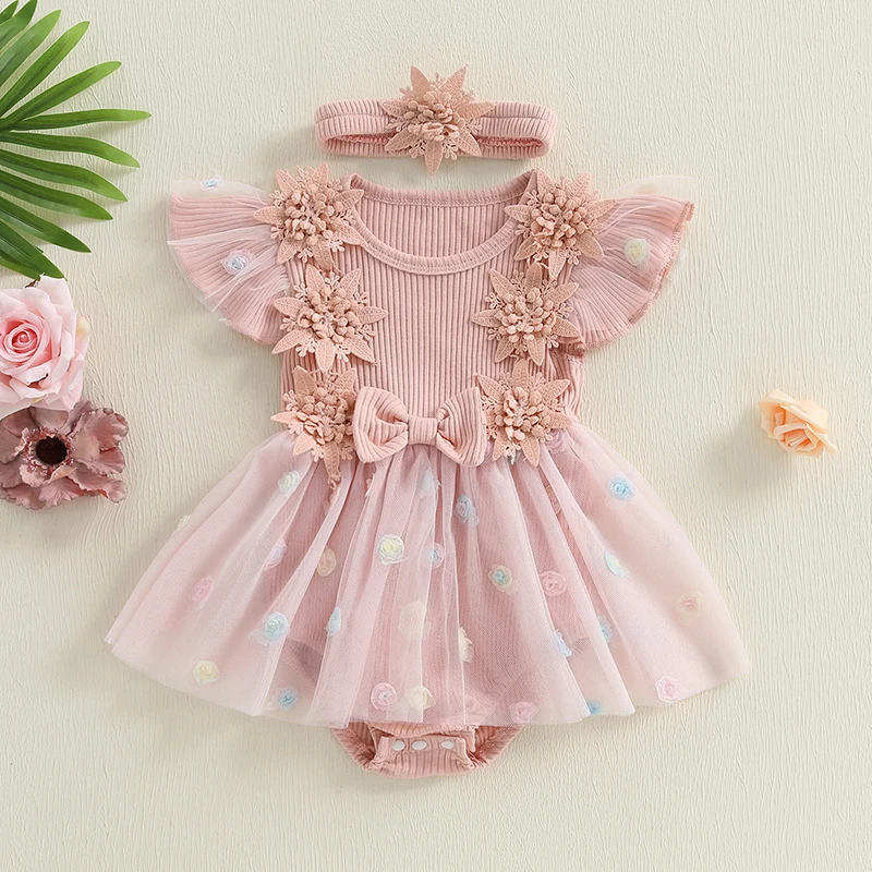 

Infant Baby Girls Mesh Romper Dress Summer Casual Flowers Fly Sleeves Jumpsuit and Headband Set Fashion Clothes Outfits