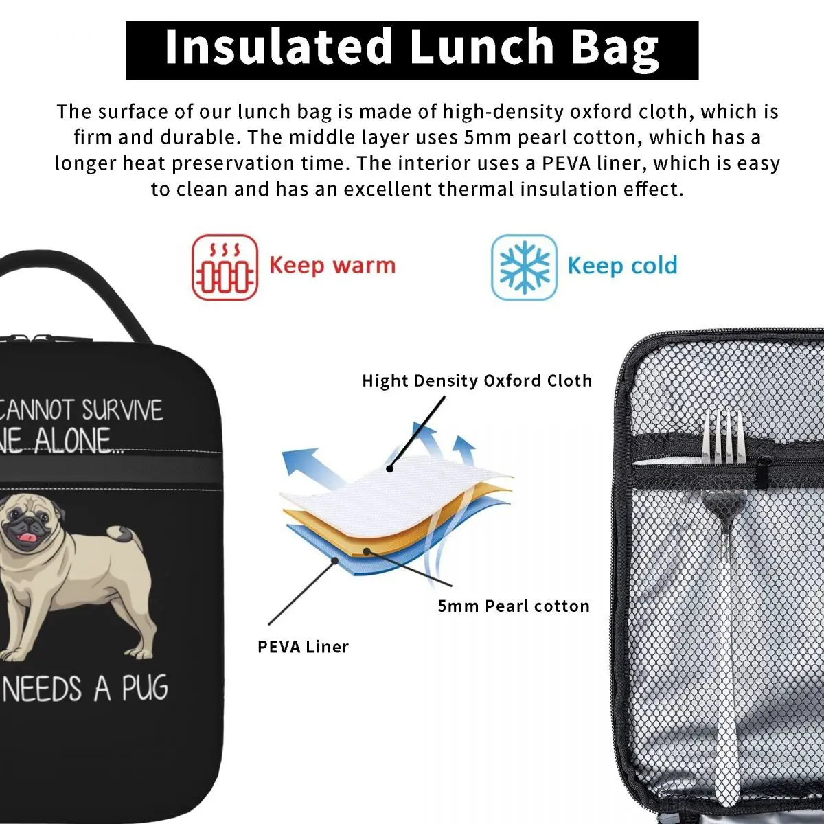 Pug Wine Funny Dog Resuable Lunch Box Multifunction Pet Puppy Lover Thermal Cooler Food Insulated Lunch Bag Kids School Children