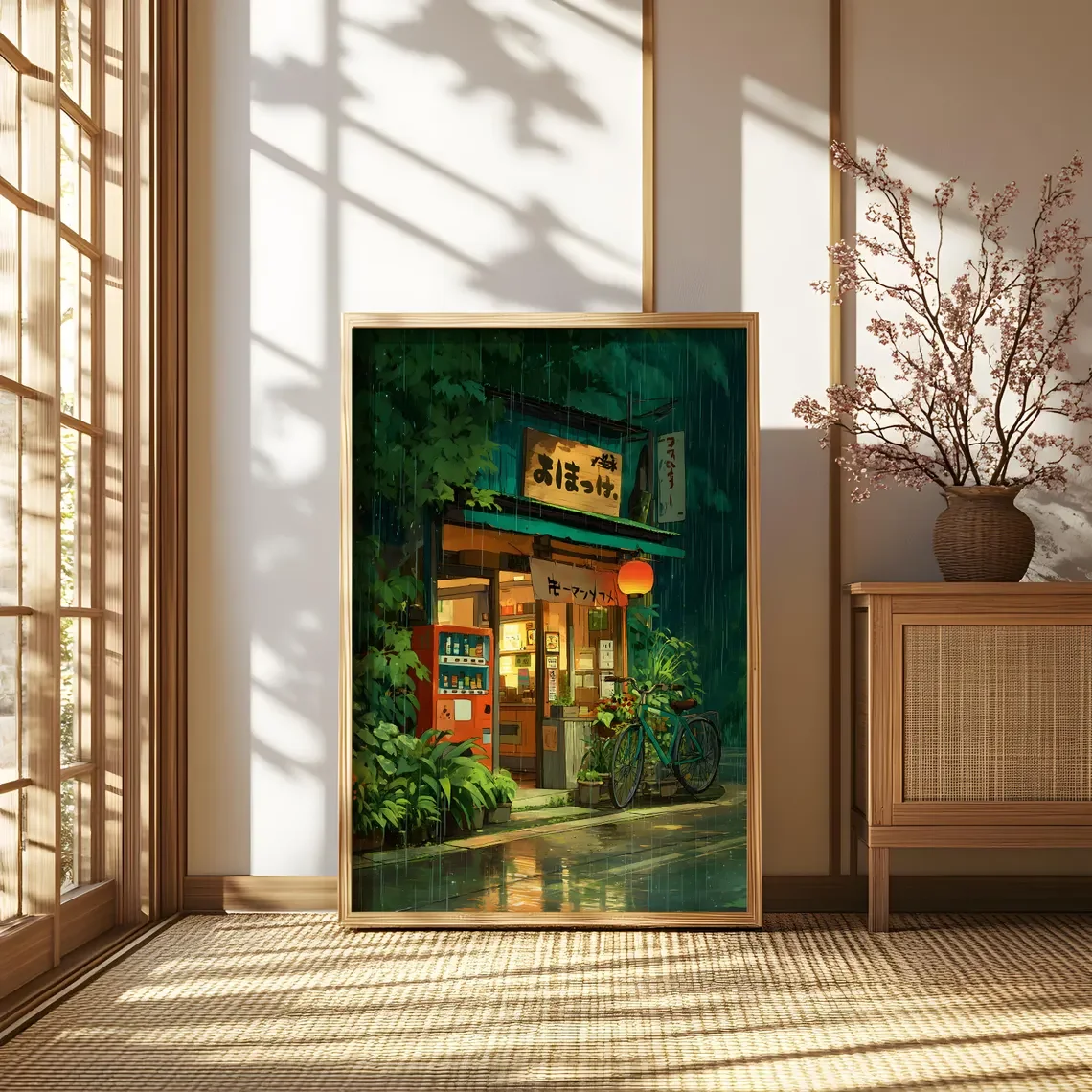 

Cozy Anime Cafe Wall Art: Bicycle Illustration, Ghibli Inspired Poster