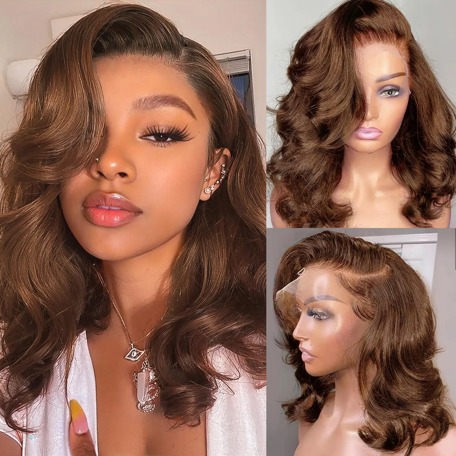 Chocolate #4 Bob Wig Human Hair 13x4 HD Lace Front Wigs Human Hair 100% Pre Plucked 14 Inch 180% Density Glueless Ready to Go Short Bob Wigs Body Wave Lace Frontal Wig