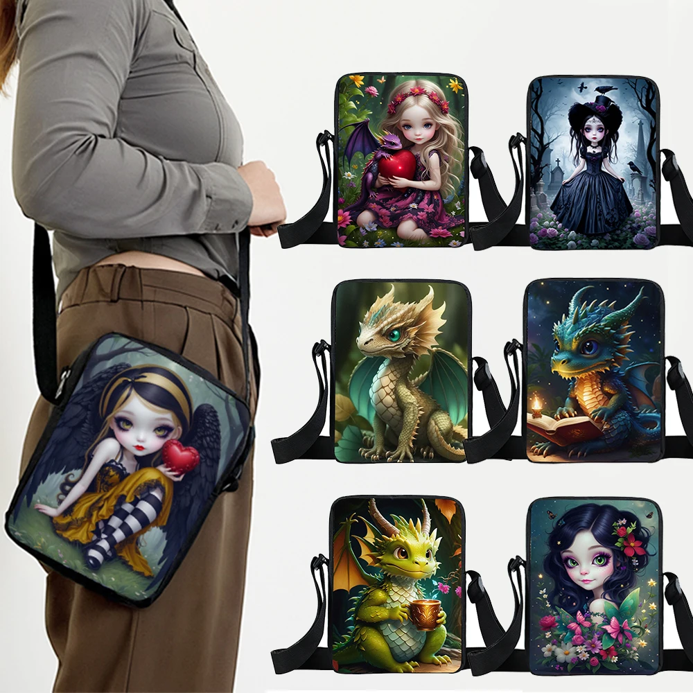 Fantasy Gothic Girls Print Crossbody Bags Cute Dragon Baby Women Shoulder Bag for Travel Fairy Angel Student Book Bags Gift