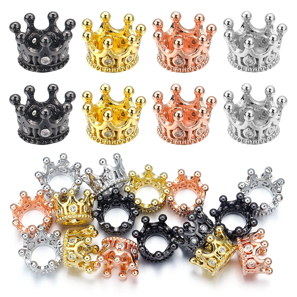 2 Stück Kronen-Kupferperlen, weißer Zirkon, eingelegtes Kupfer, lose Distanzperlen für Schmuckherstellung, Zubehör, DIY-Armband, Halskette, Charms