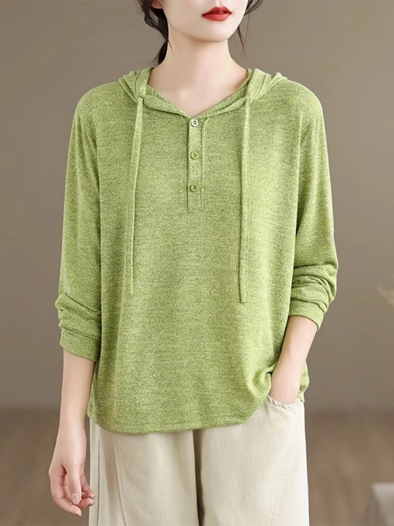 

Hooded Knitted Base Top Women's Autumn And Winter New Loose Long Sleeved Solid Color T-Shirt Pullover w1134