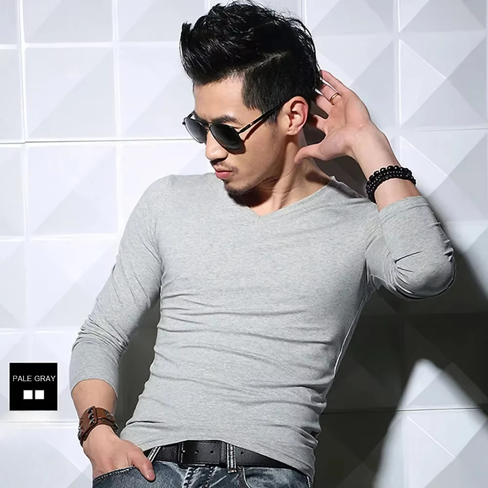 Men\'s T-Shirts Long Sleeve V Neck T Shirt 2026 MRMT Men Polyester T-Shirt Solid Color Slim Tight Man T Shirt For Male