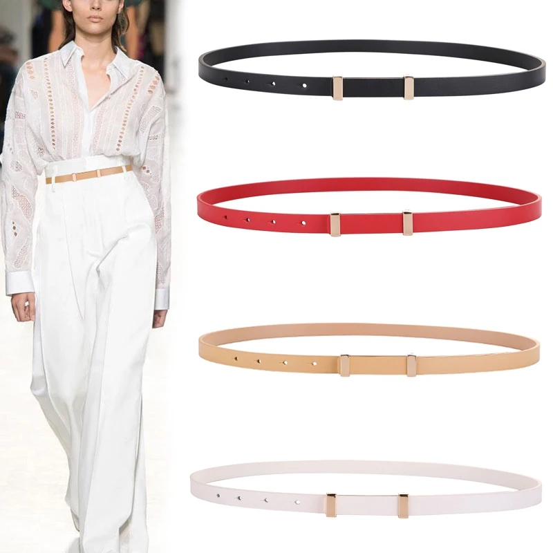 

Stylish Women's Thin Designer Belt with Elegant Gold Metal Buckle Genuine Leather Waistband Ideal for Matching Dresses and Jeans