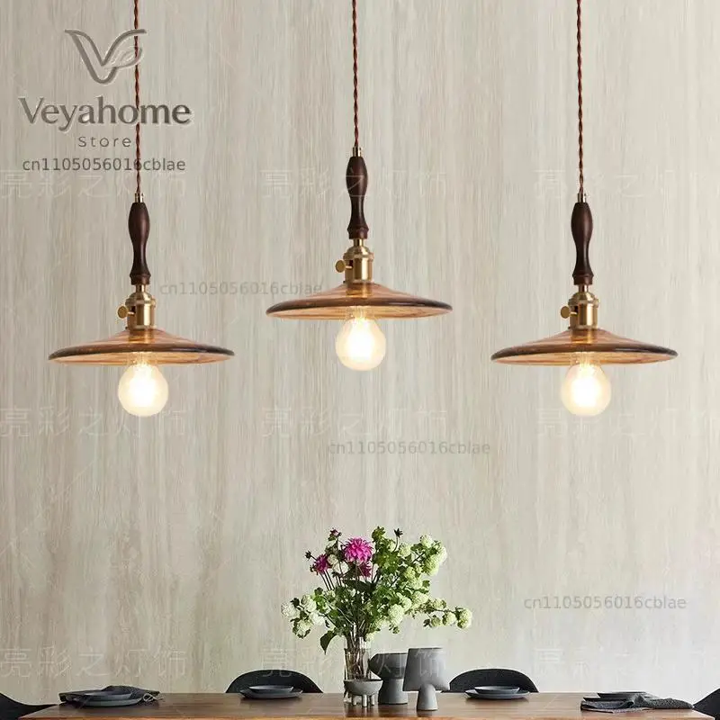 Retro glass small chandelier B & B bar, walnut color, bedside promenade light, wabi sanfeng cafe restaurant chandelier