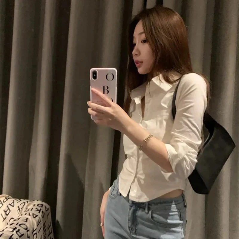 Rimocy 2024 Sexy Slim Fit White Shirt Women Korean Fashion Turn Down Collar Folds Crop Tops Woman Long Sleeve Y2K Blouse Female