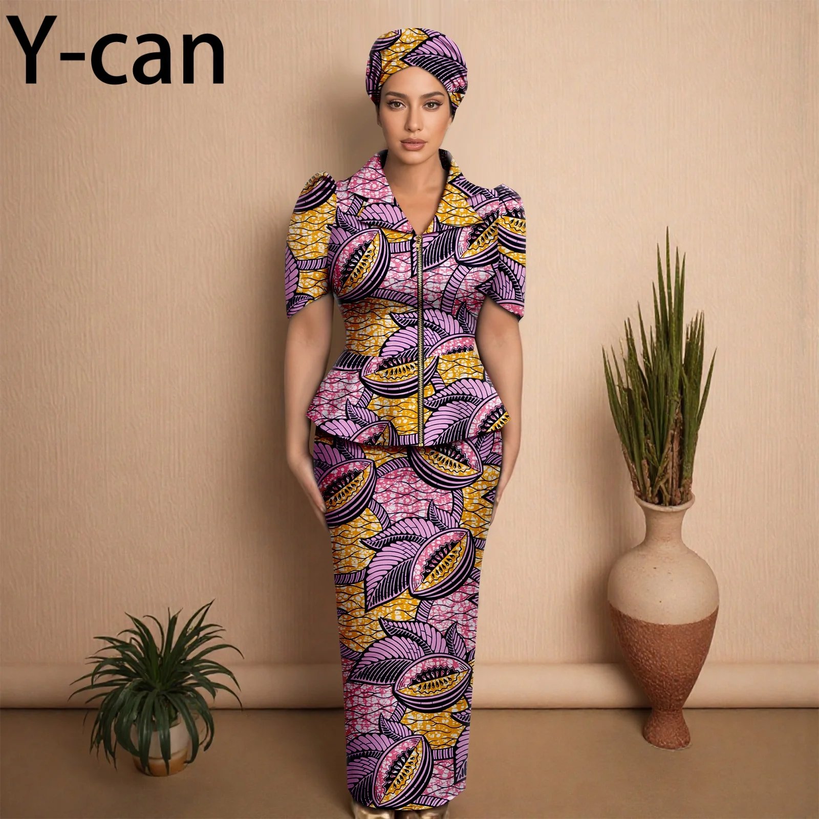 

African Women Skirt Set Luxury Metal Zipper Top and Slim Fit Skirt Match Headscarf Party Wedding Elegant Lady Dress Suit 2526079
