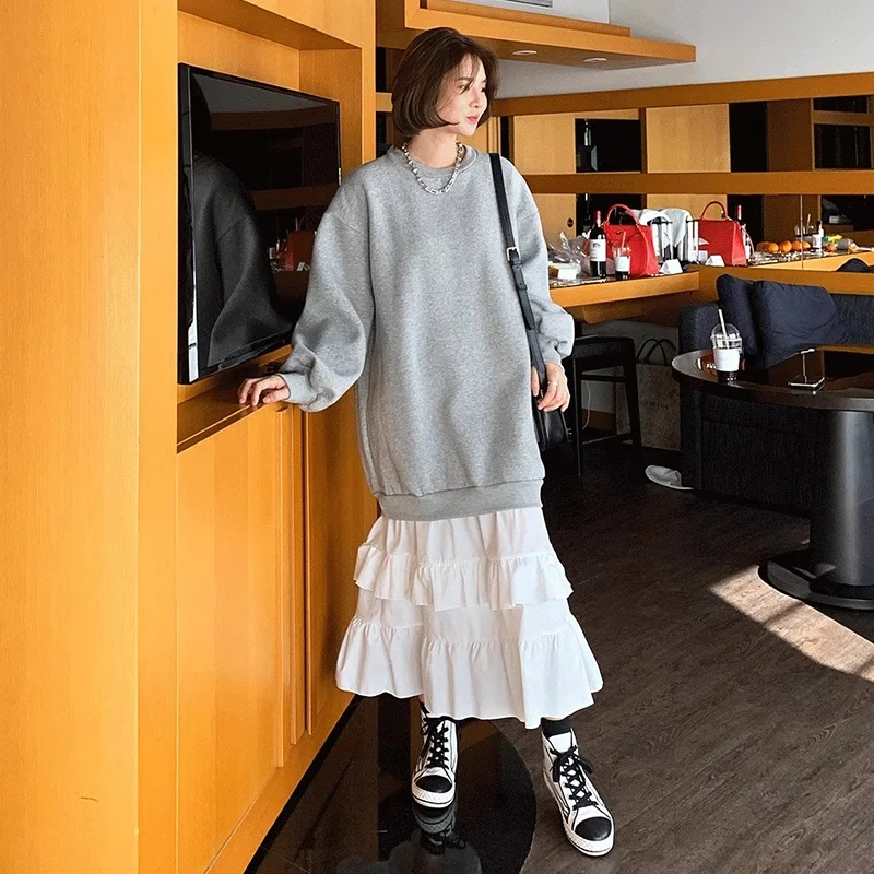 Chique outono estilo preguiçoso em torno do pescoço bloco de cores dupla camada renda bainha manga crida vestido mole m...