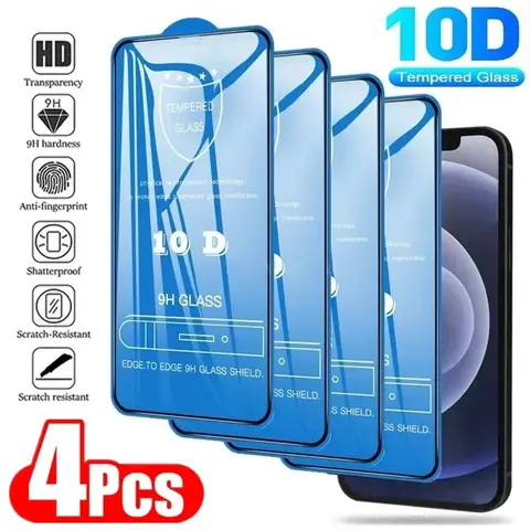 4Pcs 10D 강화 유리 15 11 12 14 Pro Max Mini 7 8 Plus Iphone 13 16 PRO XR XS MAX 용 전체 커버 화면 보호기