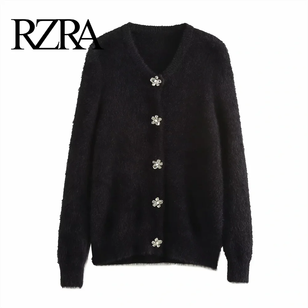 RZRA autumn and winter new lazy artificial fur effect round neck long sleeved knitted cardigan jacket