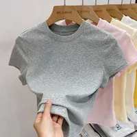 2025 Korean Tee Streetwear Summer Sexy Basic Top Solid Short Sleeve Womens Tshirt Casual O Neck Fashion T-Shirt
