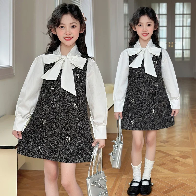 

French design teen girls dress set White bubble sleeve shirt+Embroidered bow vest dress 2pcs junior kids suit child outfits 4-14