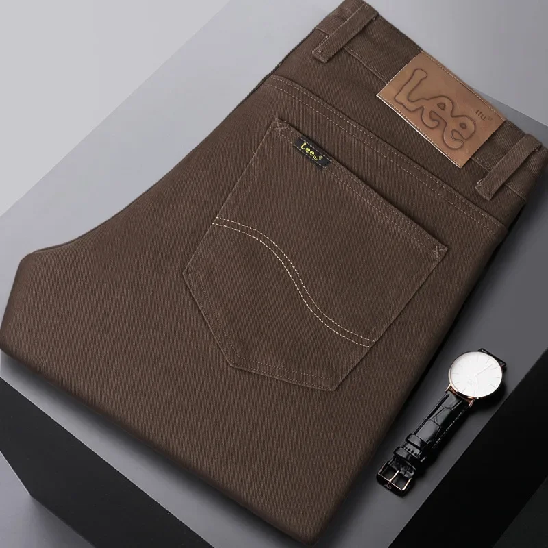 ارتفاع الخصر لون القهوة الرجال الجينز عادية مستقيم الساق مطاطا سليم صالح الخريف الشتاء نمط جديد خفيفة الوزن الفاخرة الترفيه #1