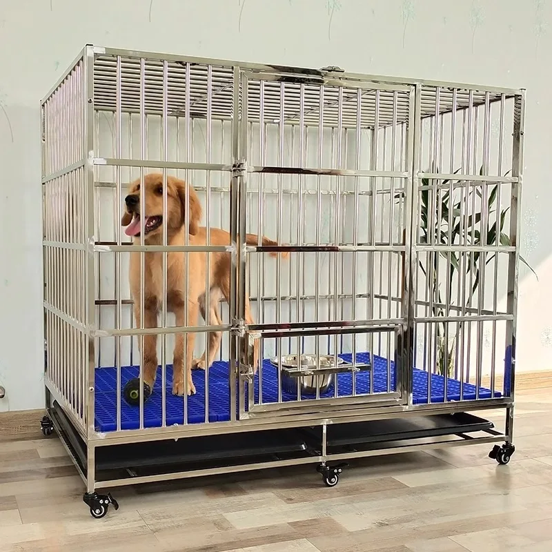 

202/304 Stainless Steel Heavy Metal Dog Cage Luxury Bold Thickened Tray Cage with Plastic Tray Modern Style Box Packing