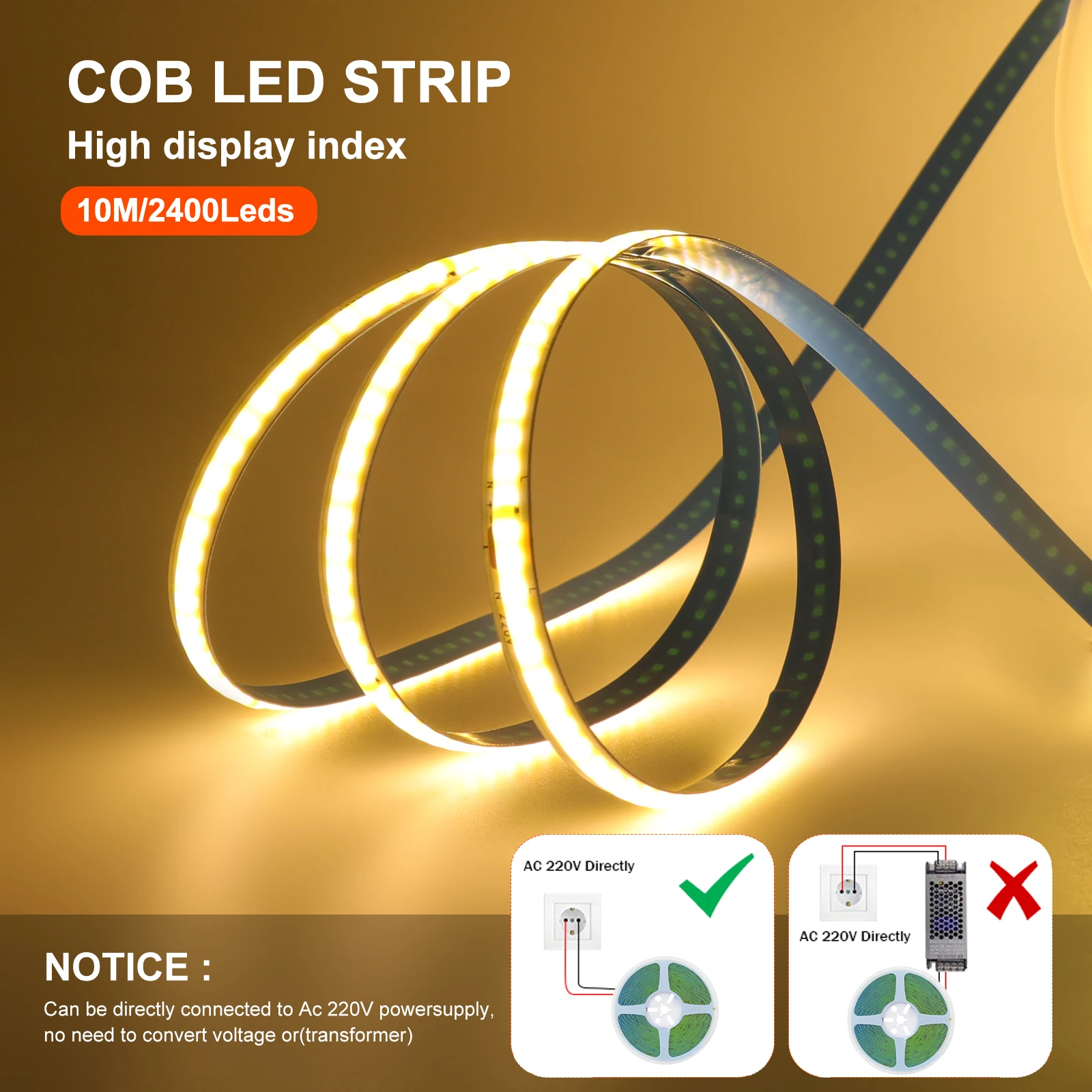 AC220V COB Strip LED Tape Light 5M 10M 230V 240V Self-Adhesive 240LEDs/M IP20 No Need Driver Ribbon Lamp 3000K 4000K 6000K White