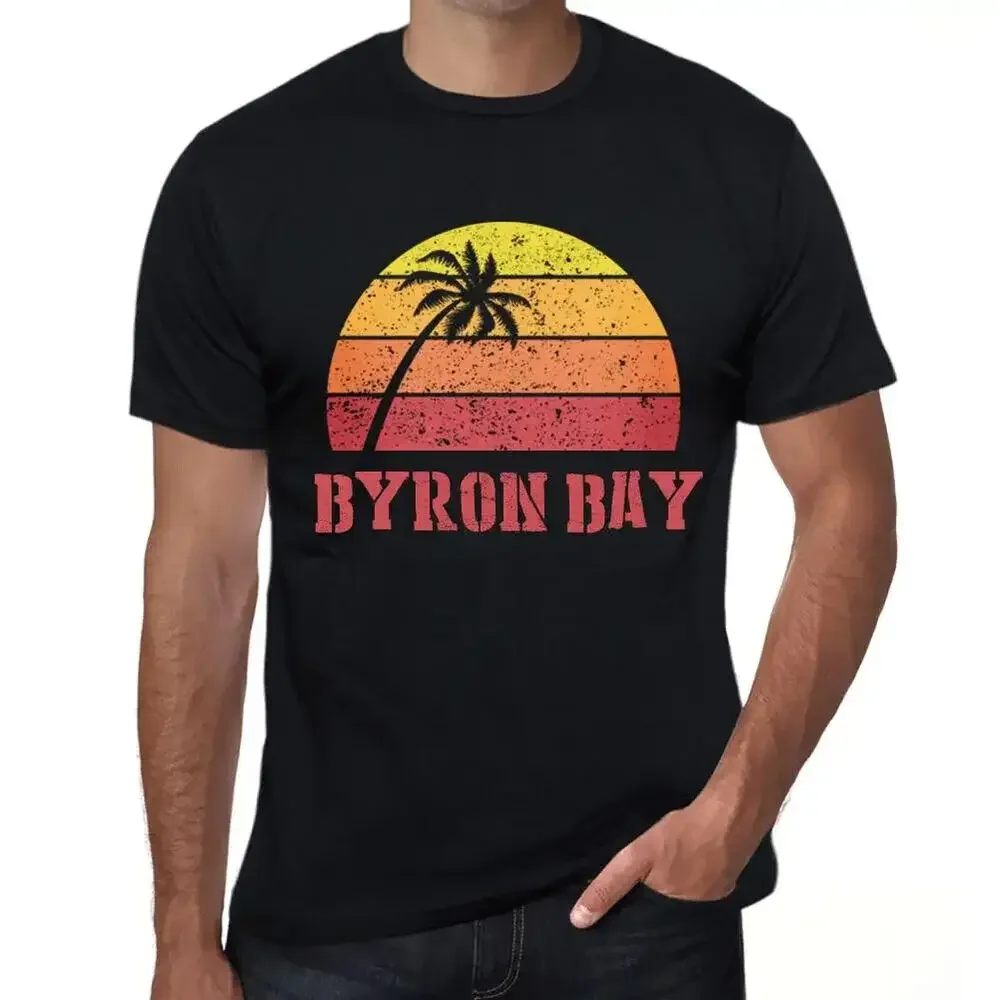 Men's T-Shirt: Palm Tree Beach Sunset at Byron Bay  High Quality 100%Cotton Short Sleeve