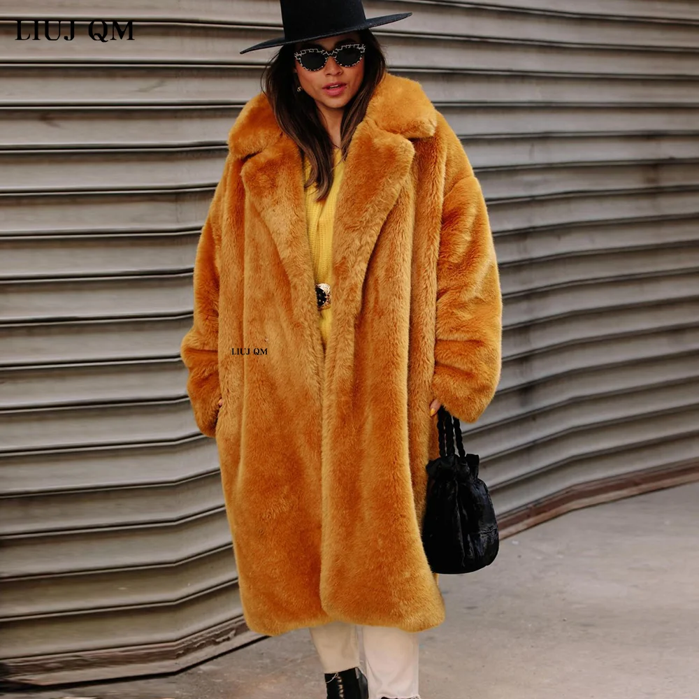 Oversized Winter Clothing Women Faux Fur Jacket Hairy Long Fur Coat Lapel OverCoat Thick Warm Outwear Female Plush Coats Belt