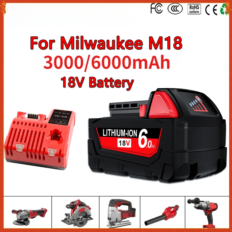 

18V 3000mAh/6000mAh Rechargeable Batteries for Milwaukee M18 XC 48-11-1860 48-11-1850 48-11-1840 48-11-1820